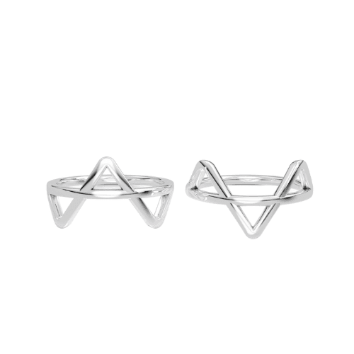 The two sterling silver pieces side by side, apart: one triangle pointing up, one pointing down.