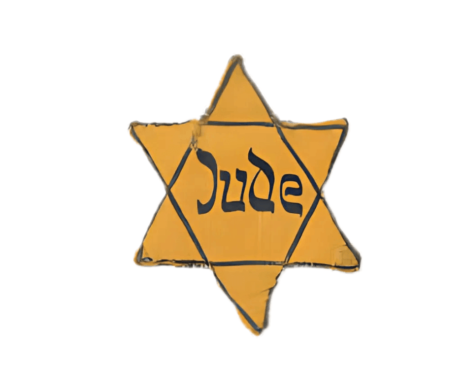 A yellow Star of David badge marked “Jude”.