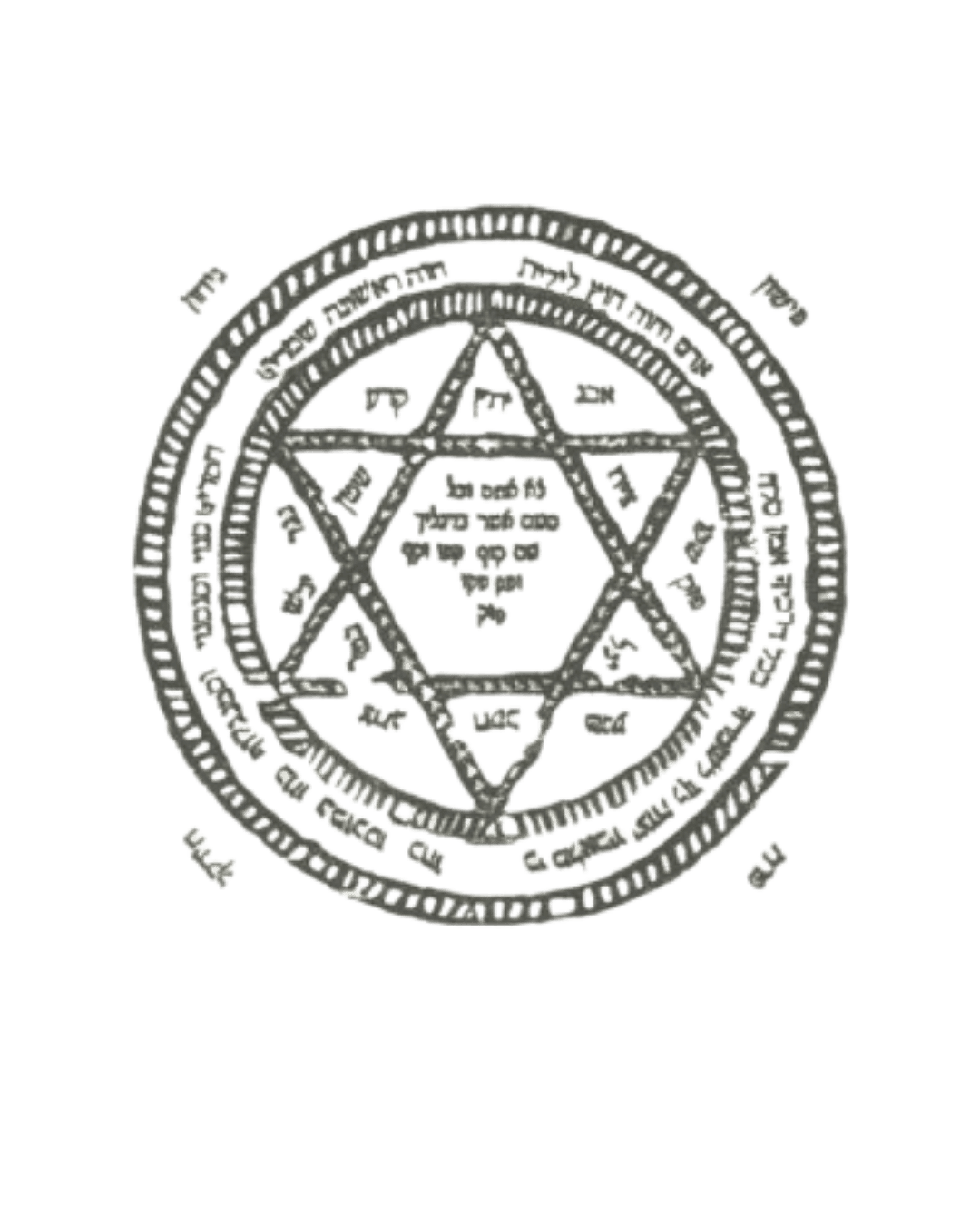 An amulet design built around a six-pointed star, with Hebrew inscriptions inside and around it.