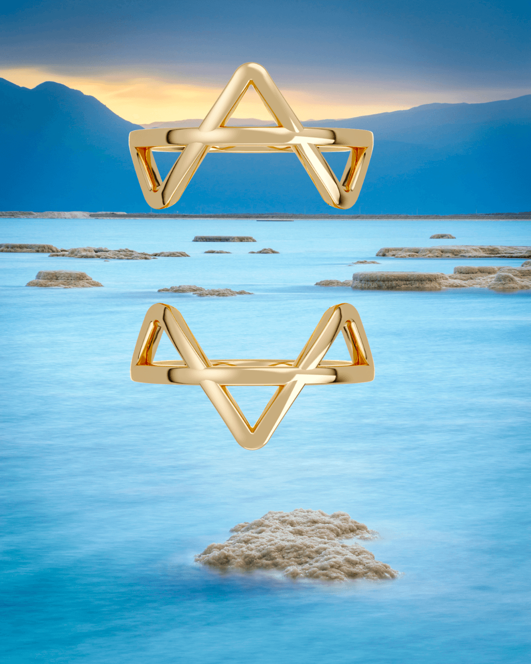 Gold star of david ring over the dead sea in Israel